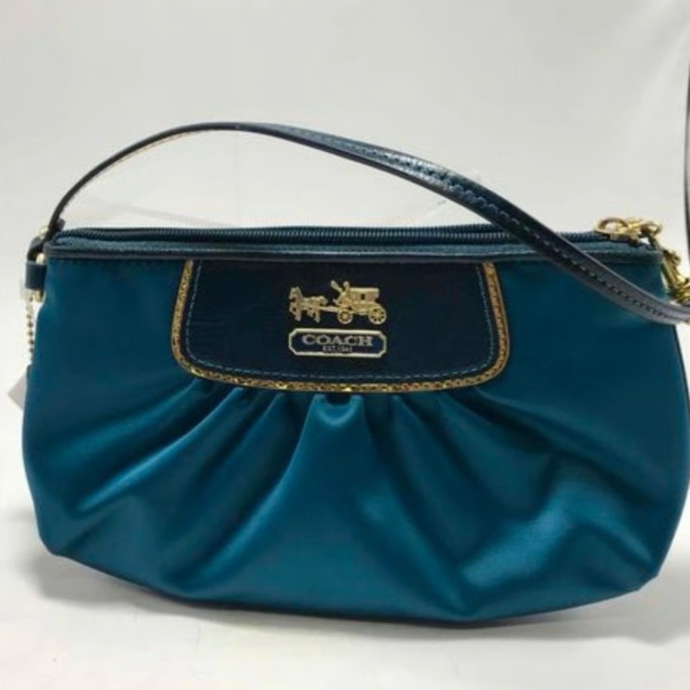Coach Teal Satin Clutch with Gold Accents